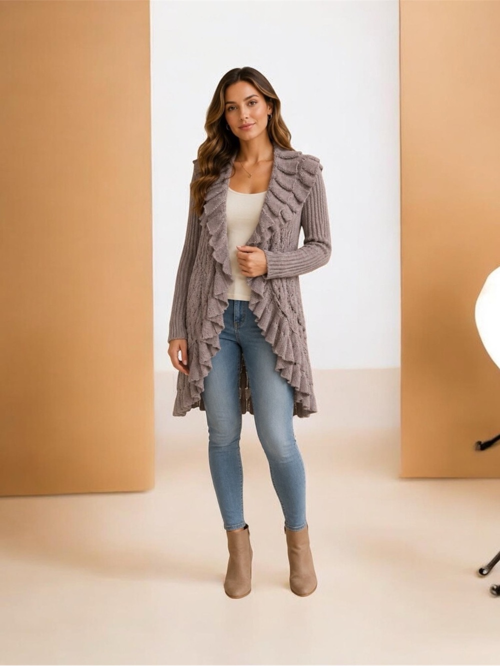 Ruffled Open-Front Taupe Women's Sweater Cardigan